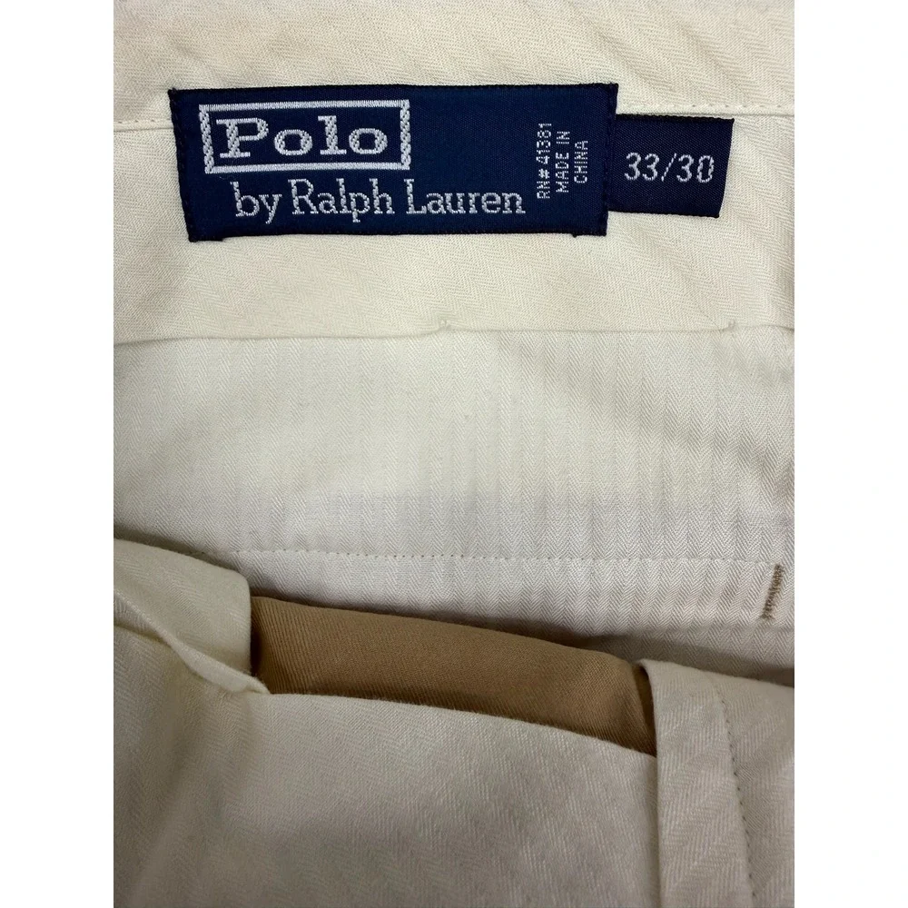 Polo Ralph Lauren Mens 33x30 Silk Cotton Pleated Khaki Trousers Tan Cuffed Pants